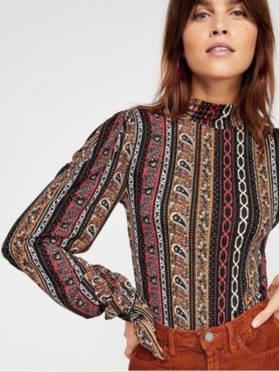 Free People Tops - Free People Black Multicolor Striped Paisley Turtleneck Long Sleeve Top